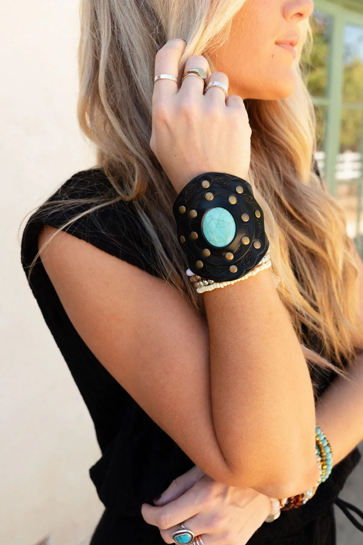 Aegean Boho Leather Cuff Bracelet - Black