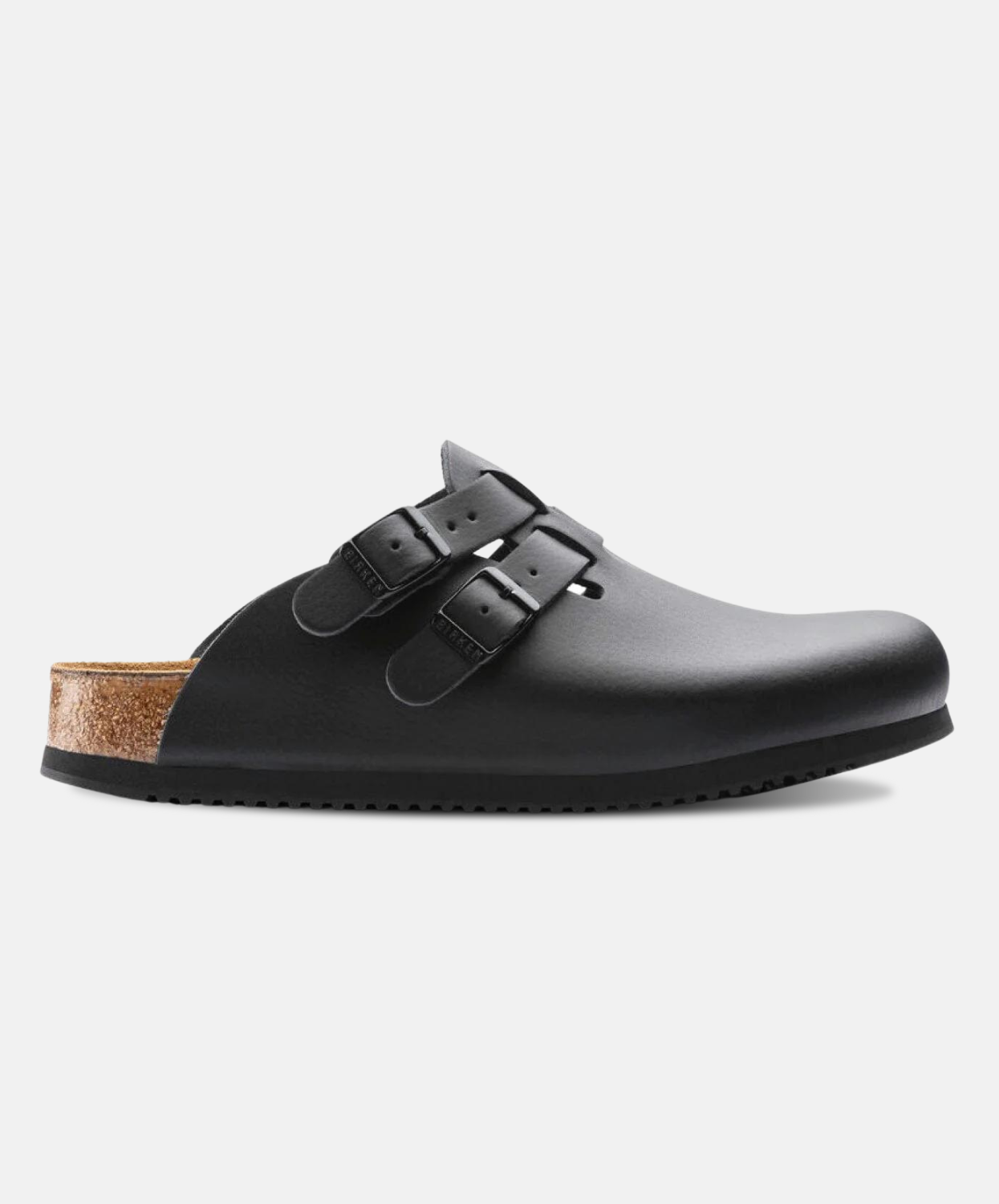 Birkenstock Kay Leather Black/Black Soft Footbed Supergrip Clogs