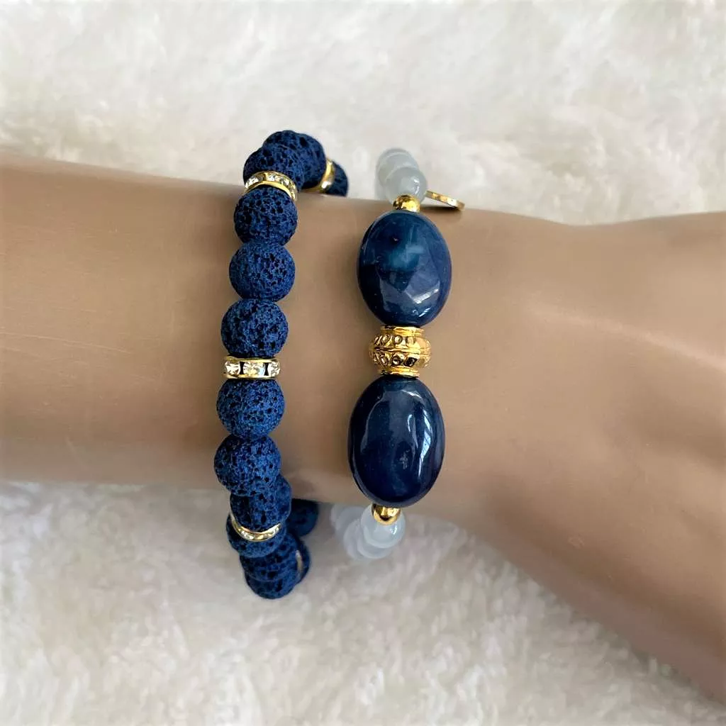 Blue Quartz and Blue Agate Beaded Bracelet with Gold Beads