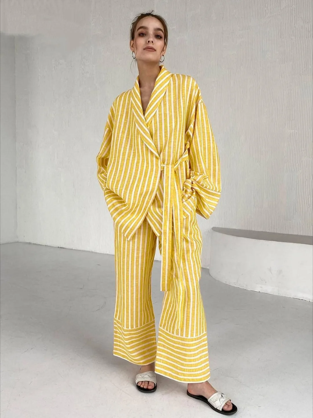 Casual Yellow Stripe Home Suits Elegant High Waist Wide Pants Set Fashion Long Sleeve Shirts Two Piece Set Women Outfit