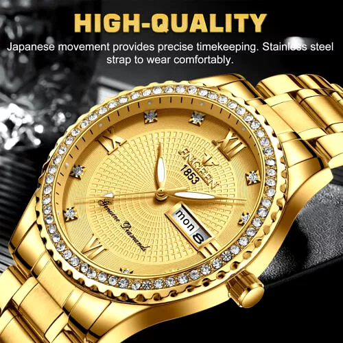 FNGEEN Gold Men's Watch Classic Stainless Steel Quartz Analog Business Gift S4527470