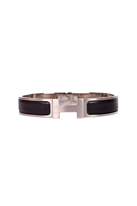 Hermes Brushed Silver Toned Matte Black Enamel Clic Clac Bangle