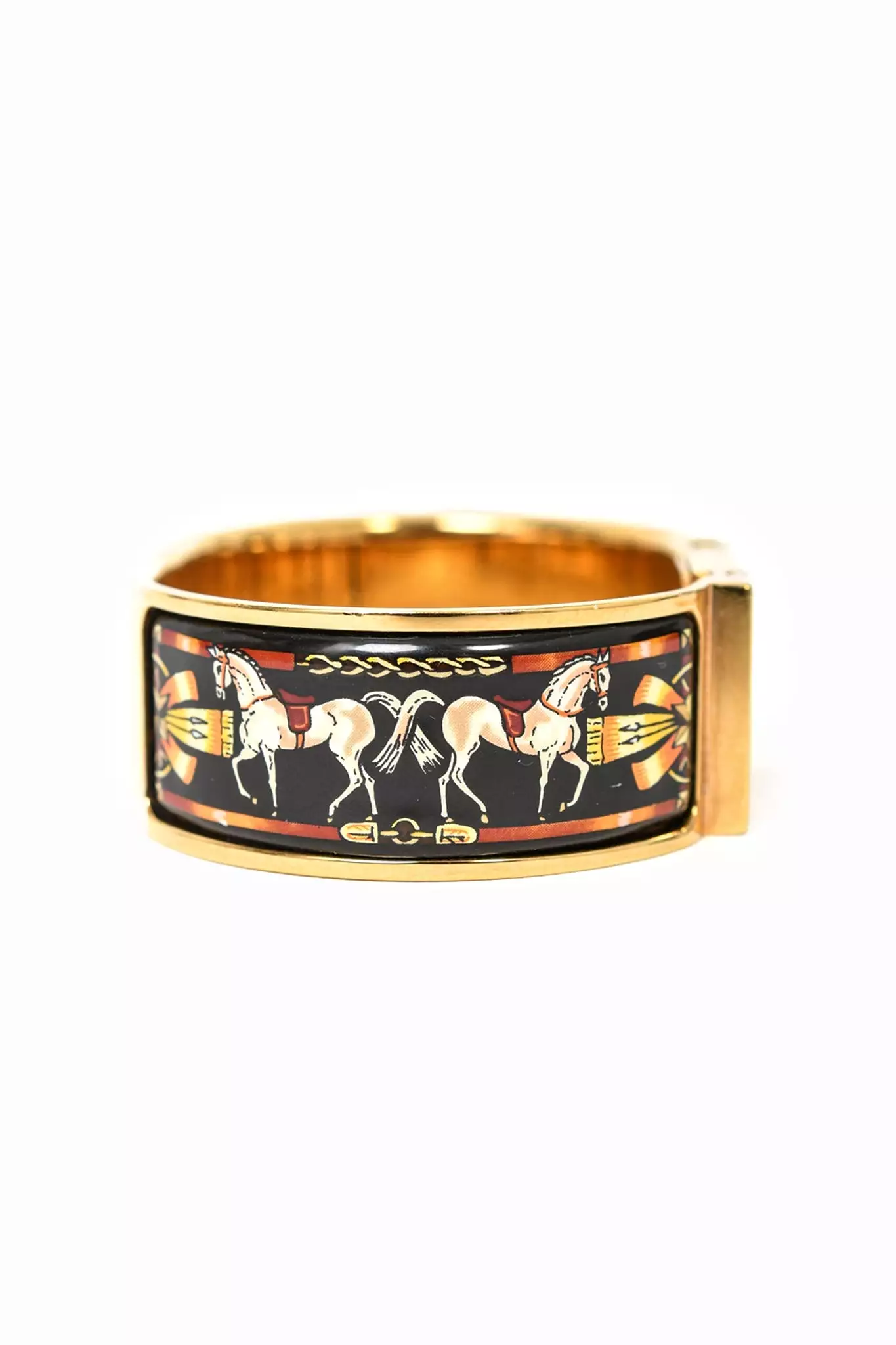 Hermes Gold Plated/Black Horse Enamel 'Loquet' Bangle Watch