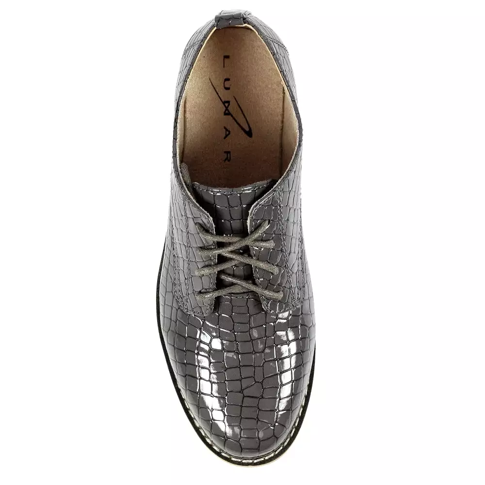 Lace Up Brogues Lunar Faux Croc Patent Ladies Casual Shoes Croft Grey