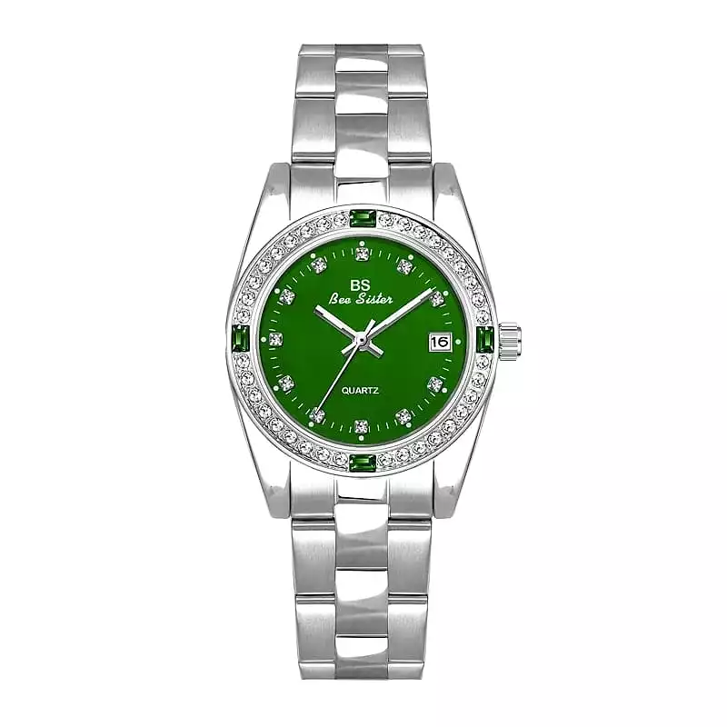 Luxury Green Rhinestone Waterproof Steel Strap Calendar Quartz Watches S149032