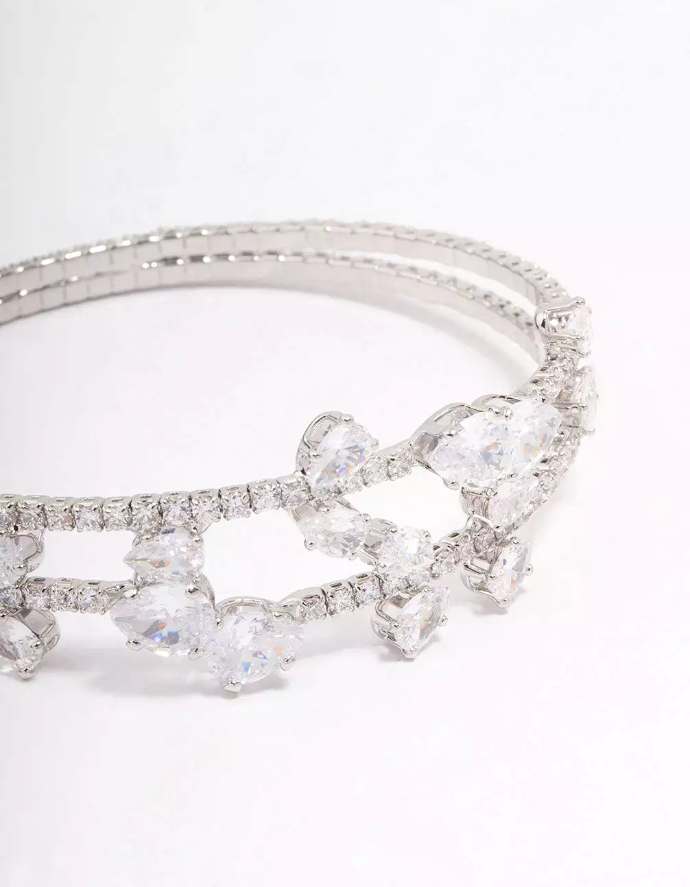 Rhodium Cubic Zirconia Leaf Layered Bangle