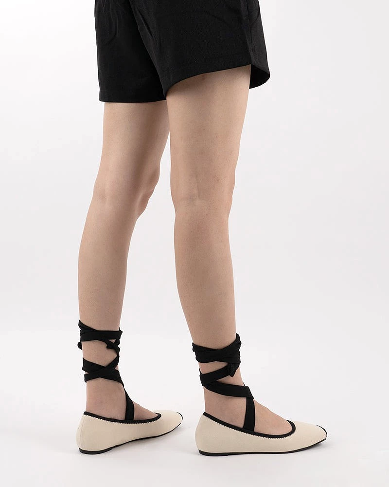 Square Toe Lace-Up Ankle Strap Ballet Flats