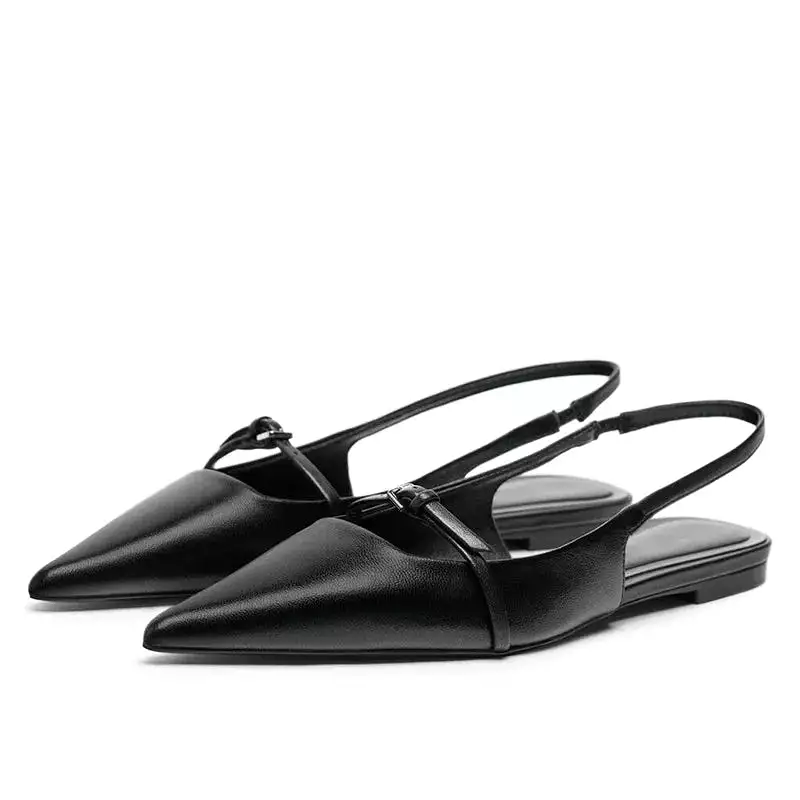 Woman Pointed Leather Flats Shoes Black Casual Slingbacks Shallow Mouth Single Shoes Women Ballet shoes Sandals