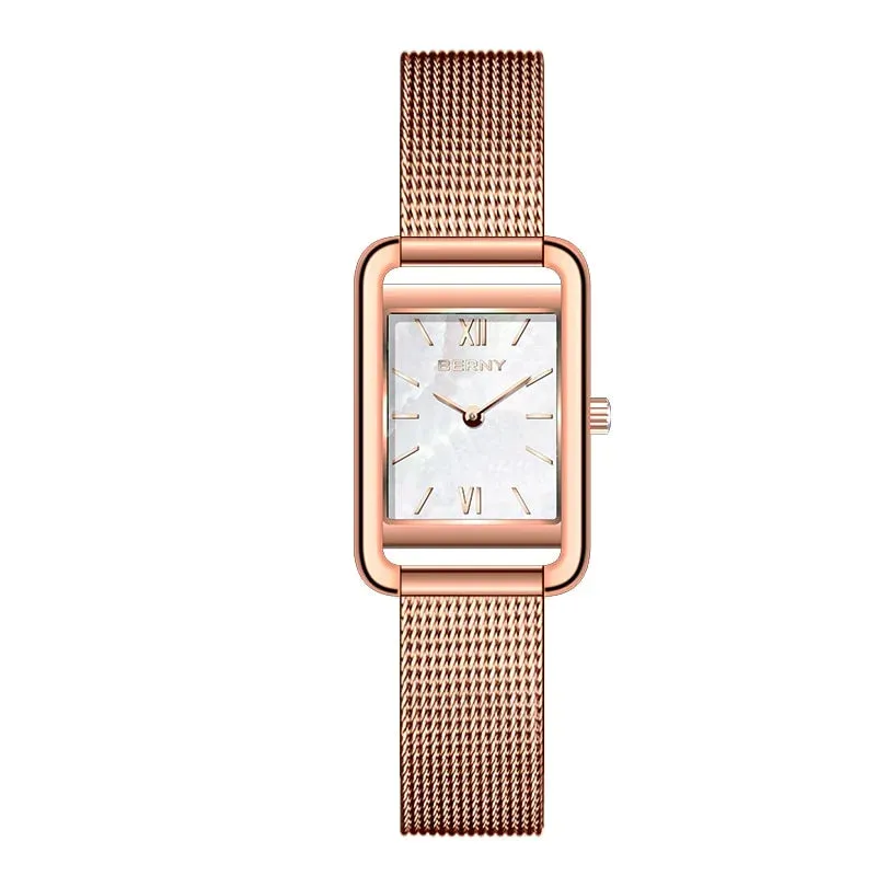 Women Square Sapphire Quartz Waterproof Stainless Steel Bracelet Rose Gold Watch