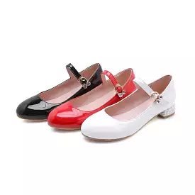 Women's Round Toe Mary Janes Buckle Straps Rhinestone Flat Pumps