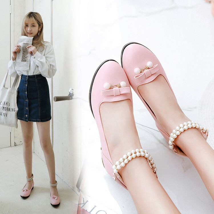 Women's Round Toe Pearls Bow Tie Shallow Ankle Strap Rhinestone Flat Pumps