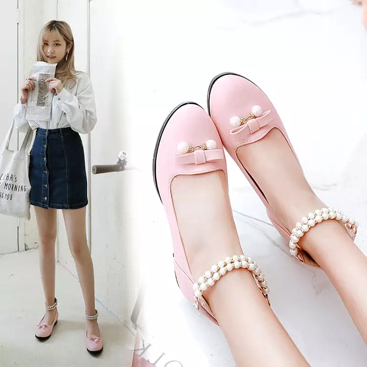 Women's Round Toe Pearls Bow Tie Shallow Ankle Strap Rhinestone Flat Pumps