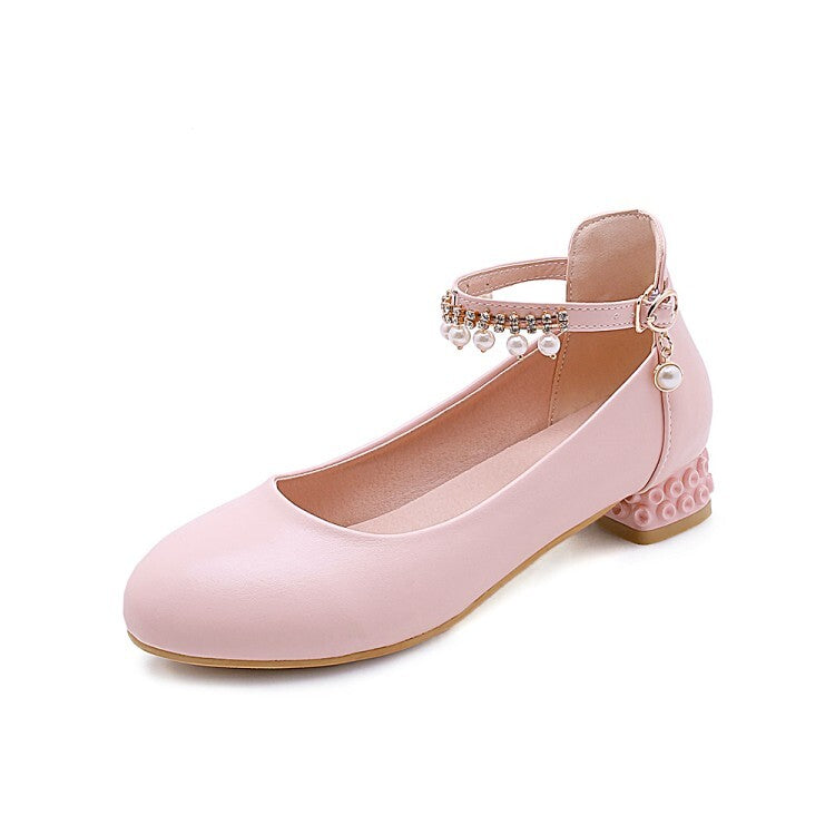 Women's Round Toe Shallow Pearls Ankle Strap Flat Pumps