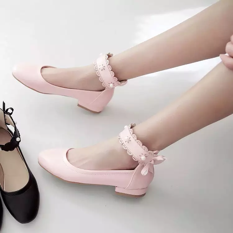 Women's Round Toe Shallow Pearls Ankle Strap Flat Pumps