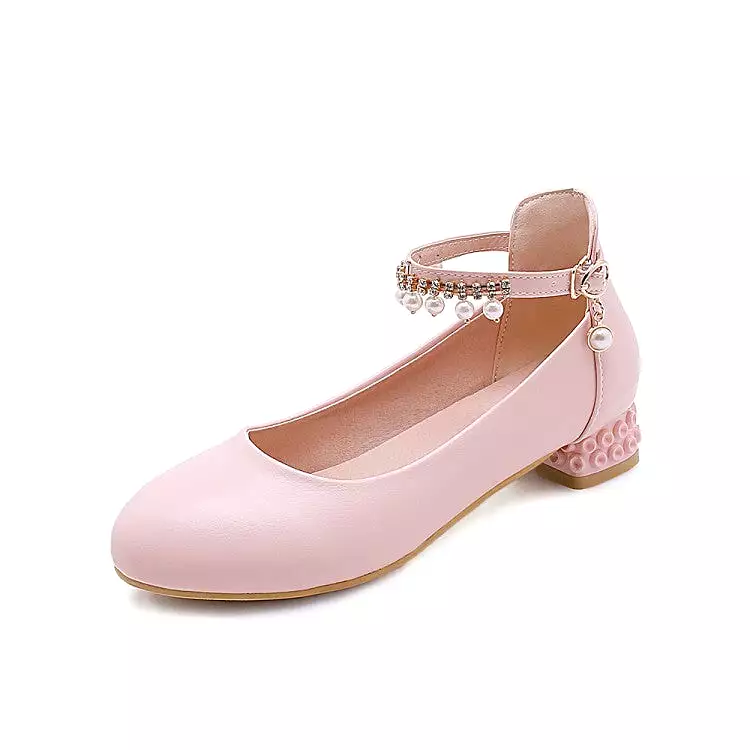 Women's Round Toe Shallow Pearls Ankle Strap Flat Pumps