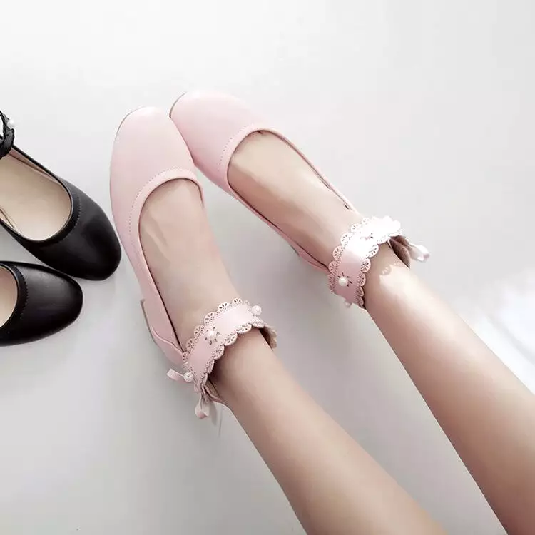 Women's Round Toe Shallow Pearls Ankle Strap Flat Pumps