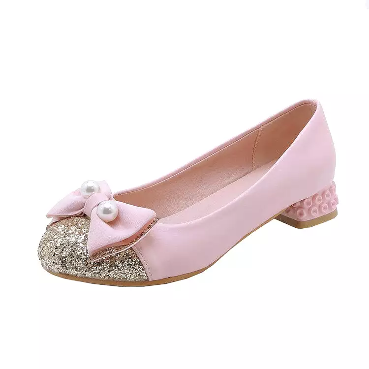 Women's Sequins Pearls Bow Tie Shallow Flat Pumps