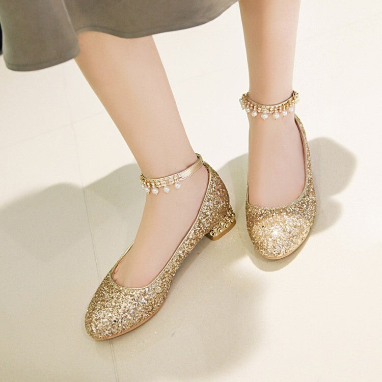 Women's Sparkling Sequins Pearls Shallow Ankle Strap Flat Pumps