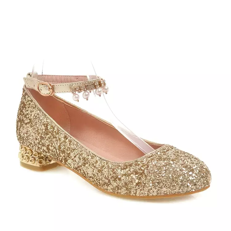 Women's Sparkling Sequins Pearls Shallow Ankle Strap Flat Pumps