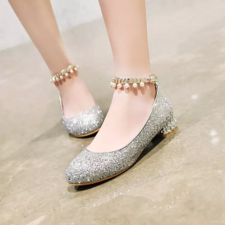 Women's Sparkling Sequins Pearls Shallow Ankle Strap Flat Pumps