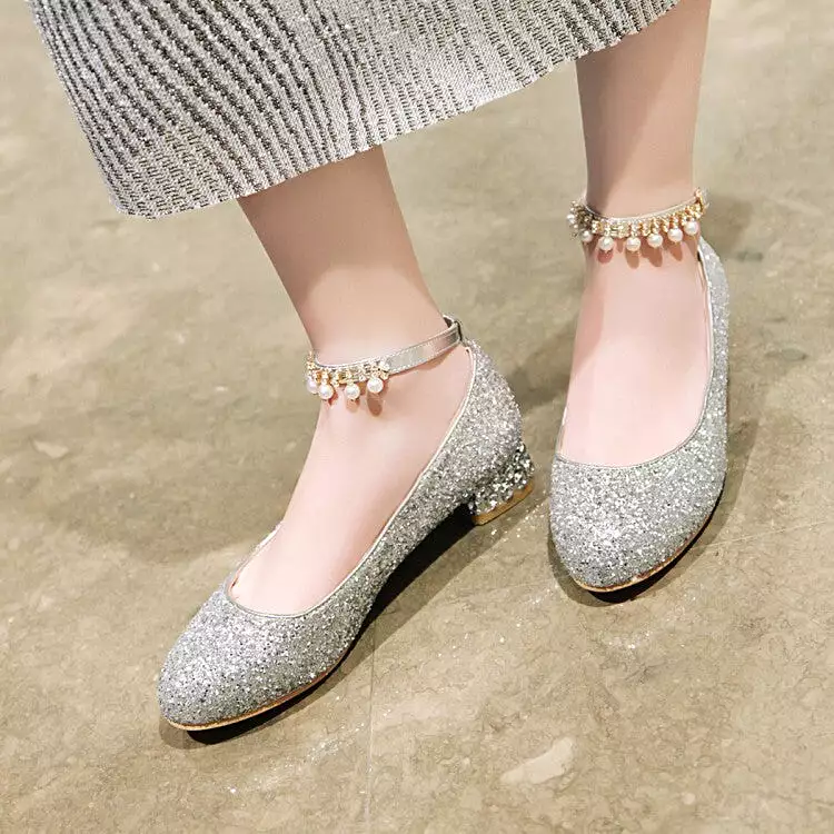 Women's Sparkling Sequins Pearls Shallow Ankle Strap Flat Pumps