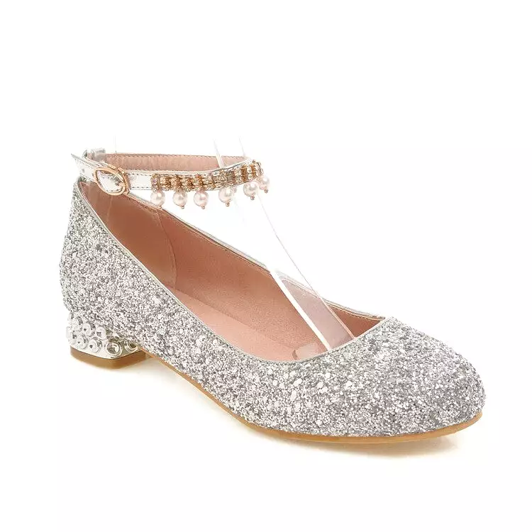 Women's Sparkling Sequins Pearls Shallow Ankle Strap Flat Pumps