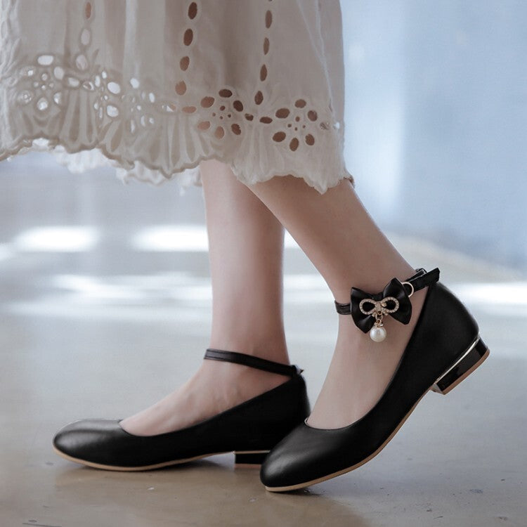 Women'sAnkle Strap Pearls Rhinestone Bow Tie Flat Pumps